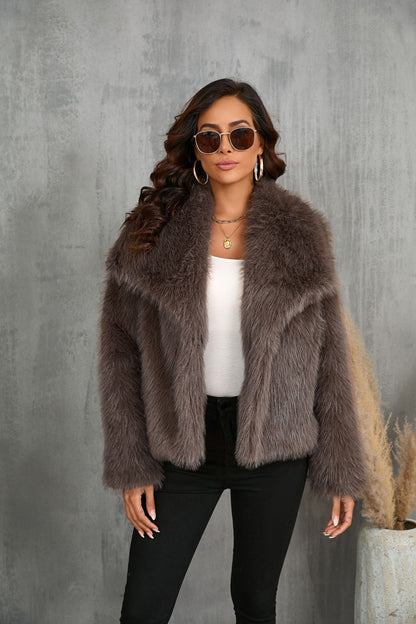 Winter Plush Coat Fashion Warm Thicken Fluffy Lapel Jacket Outwear Casual Long Sleeve Tops Womens Clothing
